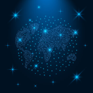 World map with lighting dots. Abstract polygonal Earth map. Vector illustration. Globalisation concept. 