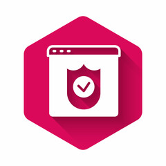 White Browser with shield icon isolated with long shadow background. Security, safety, protection, privacy concept. Pink hexagon button. Vector