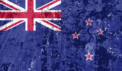 New Zealand flag on old paint on wall. 3D image