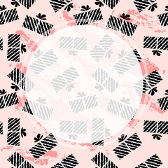 Abstract vector background with gift shapes and white circle as a template for your social media content and banners or flyers. Seamless texture