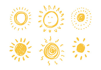 Funny vector doodle suns. Hand drawn set isolated on white background.