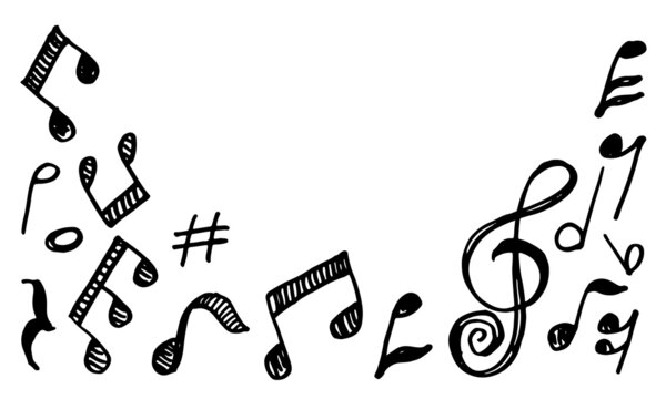 set hand drawn icons such as eight note rest, half note, beam, thirty second note, flat,music and media outline thin icons collection.