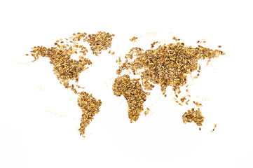 World map made of grain, rye, wheat, oat, barley, millet and spelt. Global world food, zero hunger...