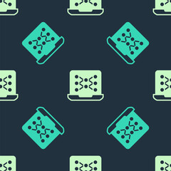 Green and beige Neural network icon isolated seamless pattern on blue background. Artificial intelligence AI. Vector