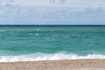 Empty beach view with shore water, summer landscape photo