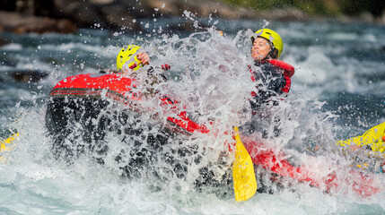 Girl and heavy water splash in river rafting expedition. High speed sports photography. Sport portrait.