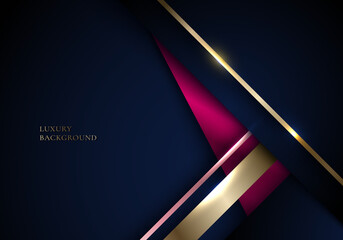 Abstract 3D blue and golden stripes triangles shapes with shiny gold tab lighting effect on dark blue background