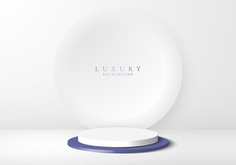 3D realistic product display white and blue podium with white circle backdrop on clean background