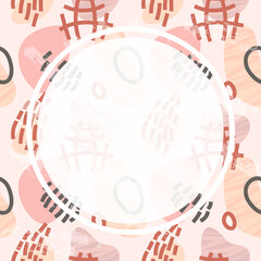 Naklejka premium Abstract vector template with shapes in scribble and doodle style and white circle in pastel trendy beige colors as a background for your social media content and banners or flyers. Seamless texture