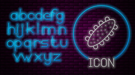 Glowing neon line Sea cucumber icon isolated on brick wall background. Marine food. Neon light alphabet. Vector.