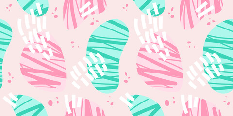 Abstract vector pattern with scribble shapes in doodle style in pastel trendy colors as a template for textile or web headers and banners or flyers. Seamless texture