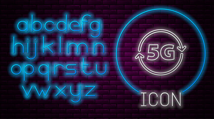 Glowing neon line 5G new wireless internet wifi connection icon isolated on brick wall background. Global network high speed connection data rate technology. Neon light alphabet. Vector