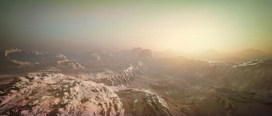 Panoramic view of the arid rocky desert during sunrise