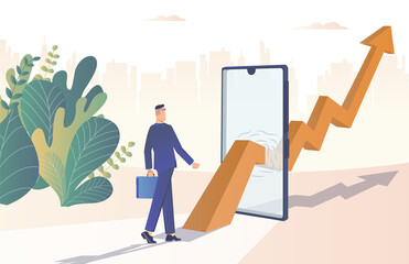 Businessman goes for smartphone business growth arrow. Business growth