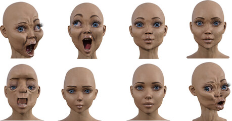 adult bald face with set expressions set of 3D realistic illustrations
