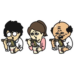 Obraz na płótnie Canvas ランチタイムにカップラーメンを食べる3人のサラリーマンのイラスト。