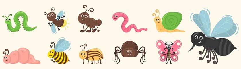 Cute insect characters, bug worm, beetle flat.
