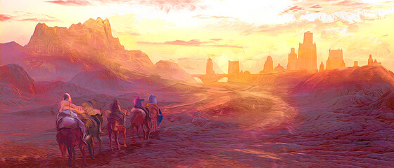 A caravan of wanderers goes to an ancient city in the middle of the desert