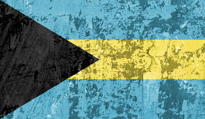The Bahamas flag on old paint on wall. 3D image