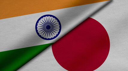 3D Rendering of two flags from Socialist india and japan together with fabric texture, bilateral relations, peace and conflict between countries, great for background