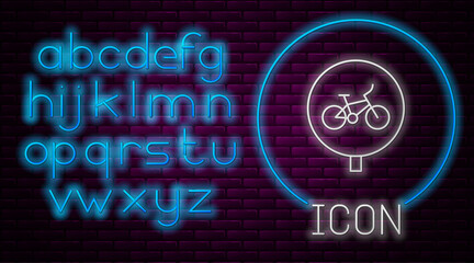 Glowing neon line Bicycle icon isolated on brick wall background. Bike race. Extreme sport. Sport equipment. Neon light alphabet. Vector
