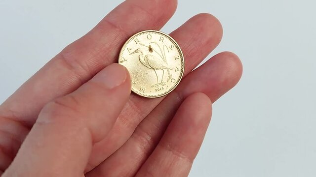 A woman's hand holds a five Hungarian forint coin. The concept of money, finance, economy.