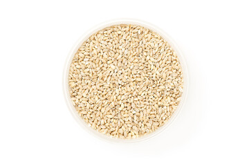 Pearl barley in bowl isolated on white background   