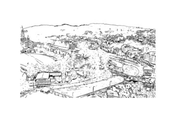 Obraz premium Building view with landmark of Lourdes is a town in southwestern France. Hand drawn sketch illustration in vector.