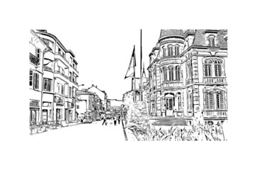 Building view with landmark of Lourdes is a town in southwestern France. Hand drawn sketch illustration in vector.