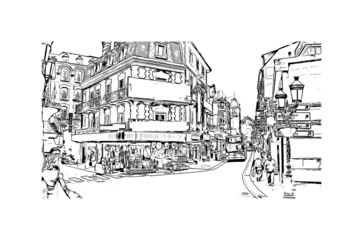 Building view with landmark of Lourdes is a town in southwestern France. Hand drawn sketch illustration in vector.