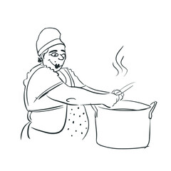The cook is in the dining room. The chef is preparing a soup sketch