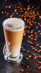 Latte macchiato coffee in transparent glass. Glass of latte macchiato and scattered coffee beans on a dark background