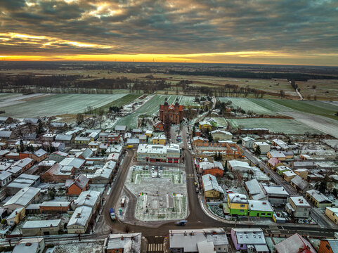 Ladek village in Poland wielkopolska and church drone view