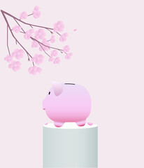 piggy bank under the sakura, vector illustration