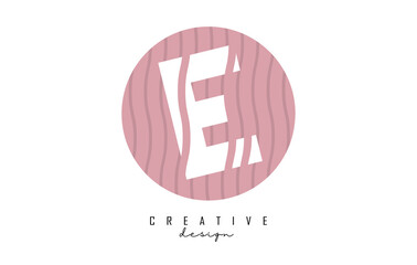 Letter E logo design on a pink pattern background circle. Creative vector illustration design with stripes, zig zag lines and 3D effect.