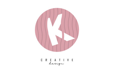 Letter K logo design on a pink pattern background circle. Creative vector illustration design with stripes, zig zag lines and 3D effect.