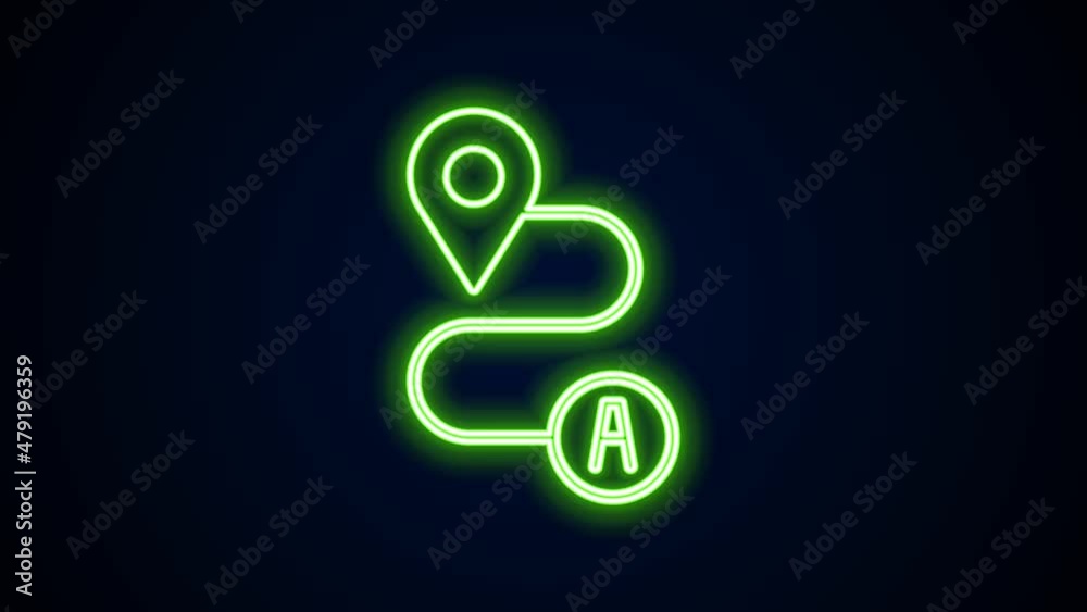 Poster glowing neon line route location icon isolated on black background. map pointer sign. concept of pat