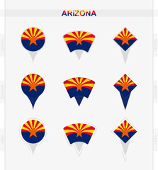 Arizona flag, set of location pin icons of Arizona flag.