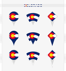 Colorado flag, set of location pin icons of Colorado flag.
