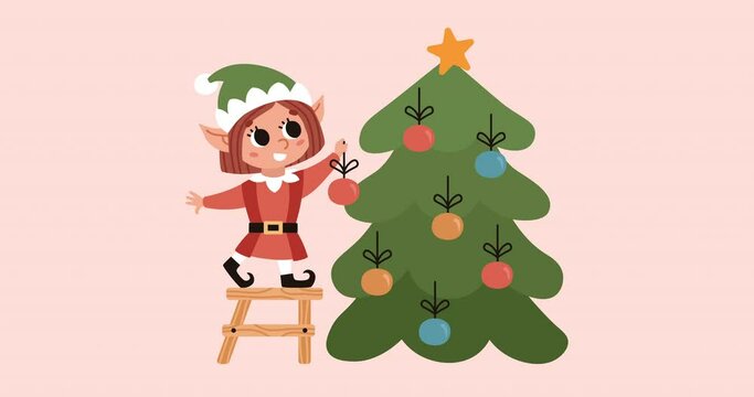 Elf decorates christmas tree with flashing Christmas decorations and a star. Santa Claus helper. Cute vector character. Animation. 4K video.