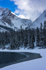 Braies lake in a winter day
