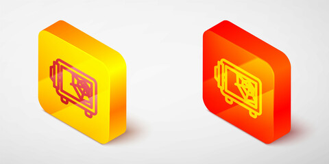 Isometric line Safe icon isolated on grey background. The door safe a bank vault with a combination lock. Reliable Data Protection. Yellow and orange square button. Vector