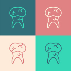 Pop art line Tooth with caries icon isolated on color background. Tooth decay. Vector
