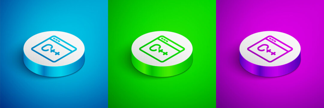 Isometric line Software, web developer programming code icon isolated on blue, green and purple background. Javascript computer script random parts of program code. White circle button. Vector