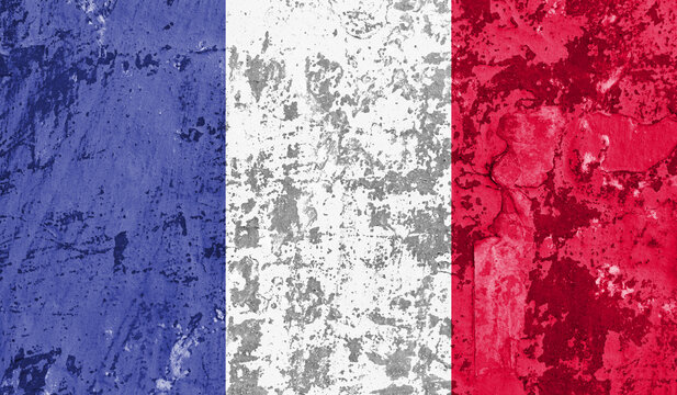 France flag on old paint on wall. 3D image