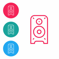 Red line Stereo speaker icon isolated on white background. Sound system speakers. Music icon. Musical column speaker bass equipment. Set icons in circle buttons. Vector