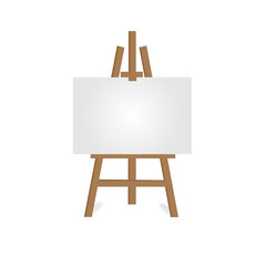Wooden paint board with white empty paper frame. Art easel stand with canvas illustration. White blank board on wooden tripod