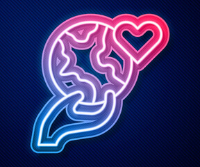 Glowing neon line Human hand holding Earth globe icon isolated on blue background. Save earth concept. Vector