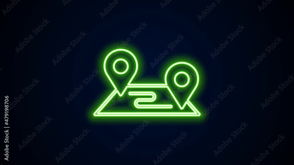 Poster glowing neon line route location icon isolated on black background. map pointer sign. concept of pat