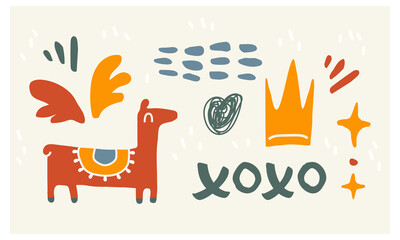 Abstract geometric colored shapes and hand drawn doodle objects. Trendy contemporary modern set. Isolated llama, crown, wings, blobs, xoxo text as design elements for your work. Vector illustration